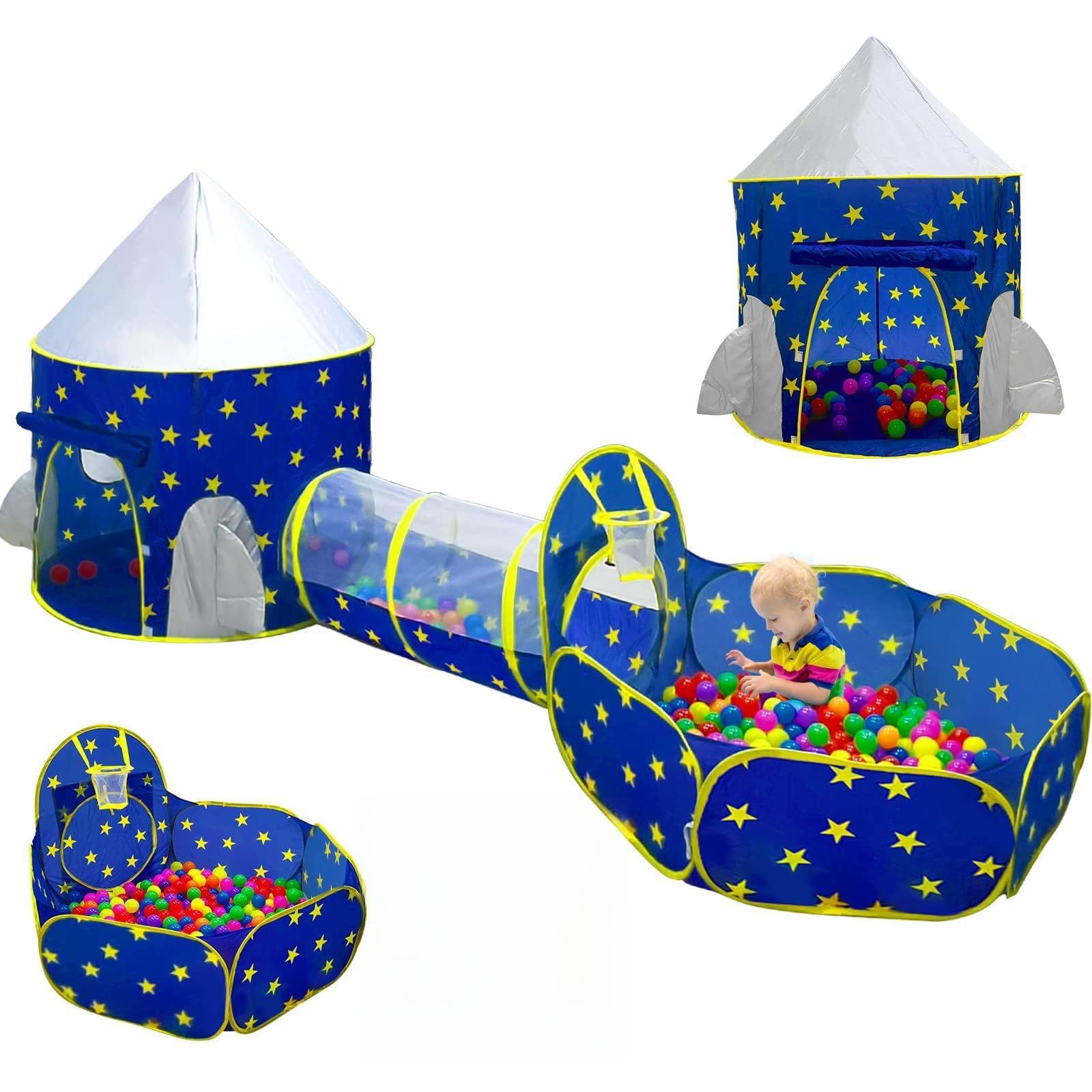 PigPigPen 3pc Kids Play Tent for Boys with Ball Pit, Crawl Tunnel, Princess Tent