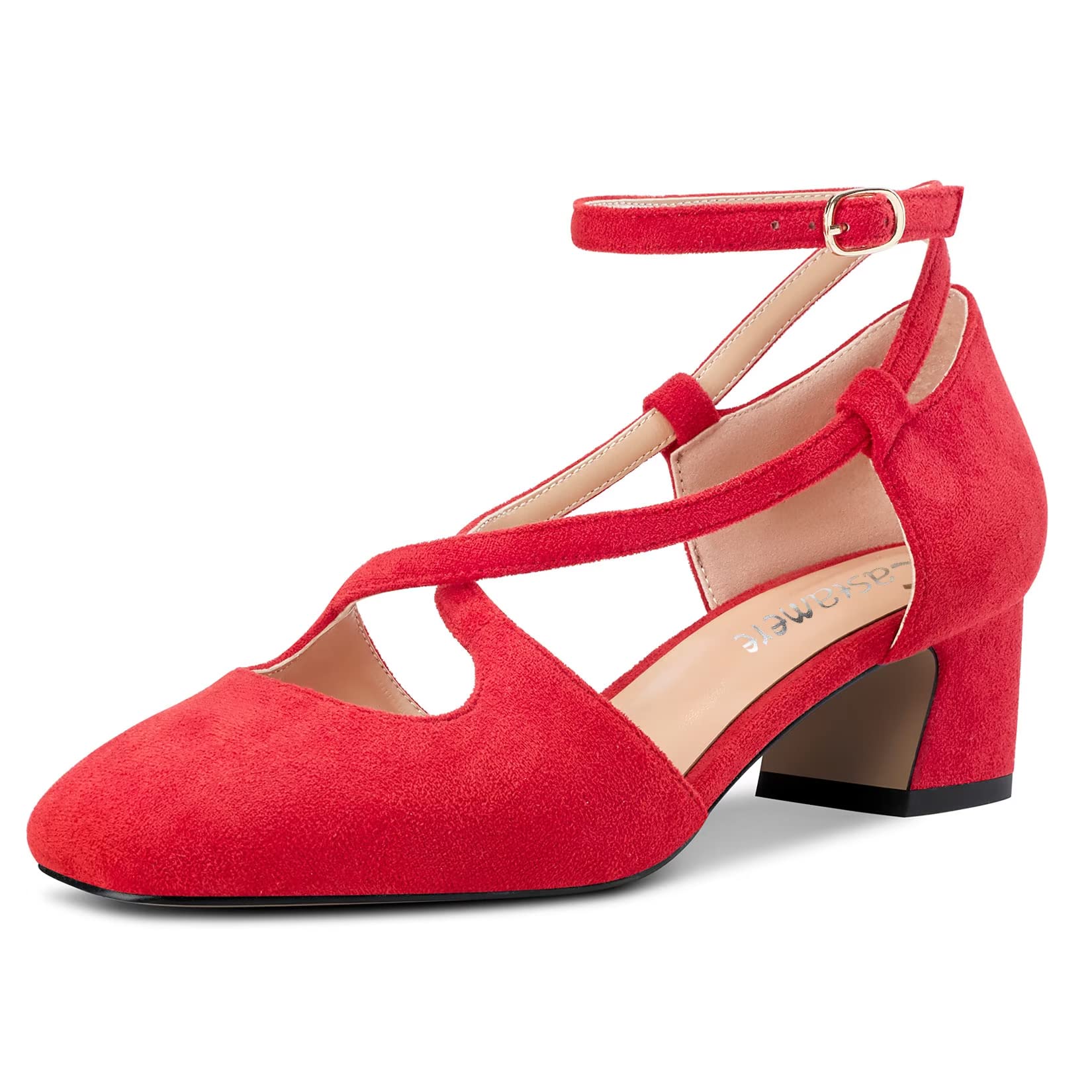 Castamere Women's Mid Block Chunky Heel Square Toe Cross Straps Pumps Party Cute