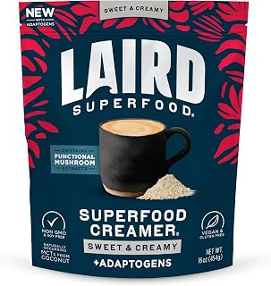 Laird Superfood Non-Dairy Coconut Powder Creamer - Sweet & Creamy + Adaptogens - Superfood Creamer with Functional Mushrooms - Non-GMO, Vegan, 16 oz. Bag, Pack of 1