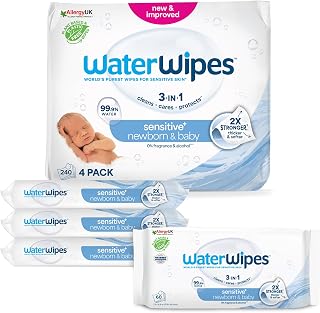 WaterWipes Sensitive+ Newborn & Baby Wipes, Newborn & Baby Wipes, 240 Units (4 Packs), 3-in-1 Cleans, Cares, Protects, 99.9% Water, Unscented