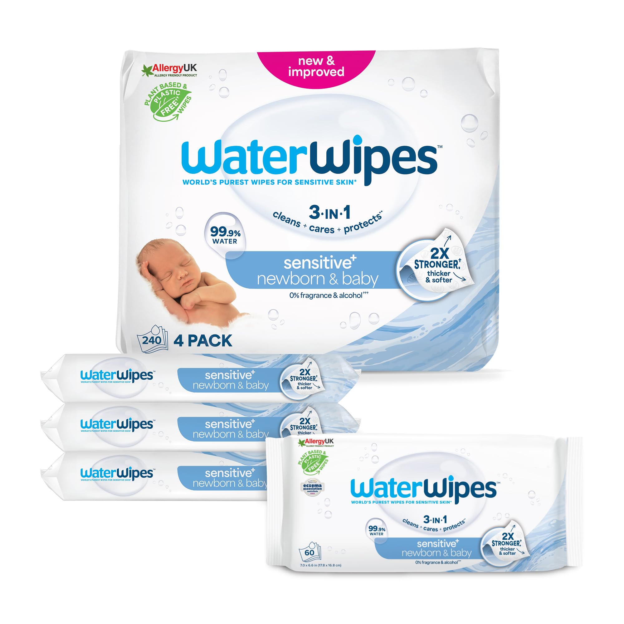 WaterWipes Sensitive+ Newborn & Baby Wipes, Newborn & Baby Wipes, 240 Units (4 P