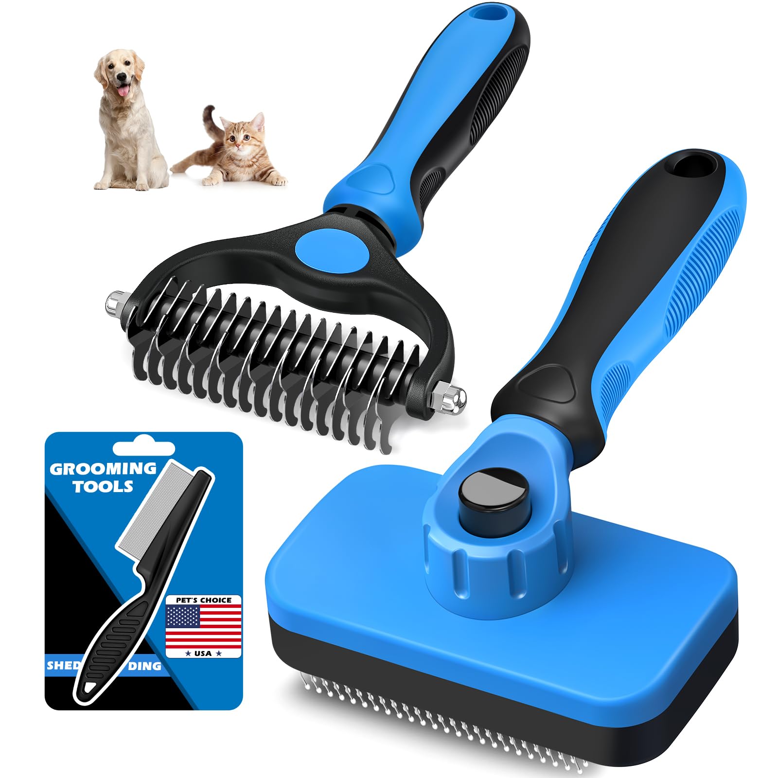 Professional 3PCS Self Cleaning Slicker Brush & Pet Grooming Rake & Flea Comb fo