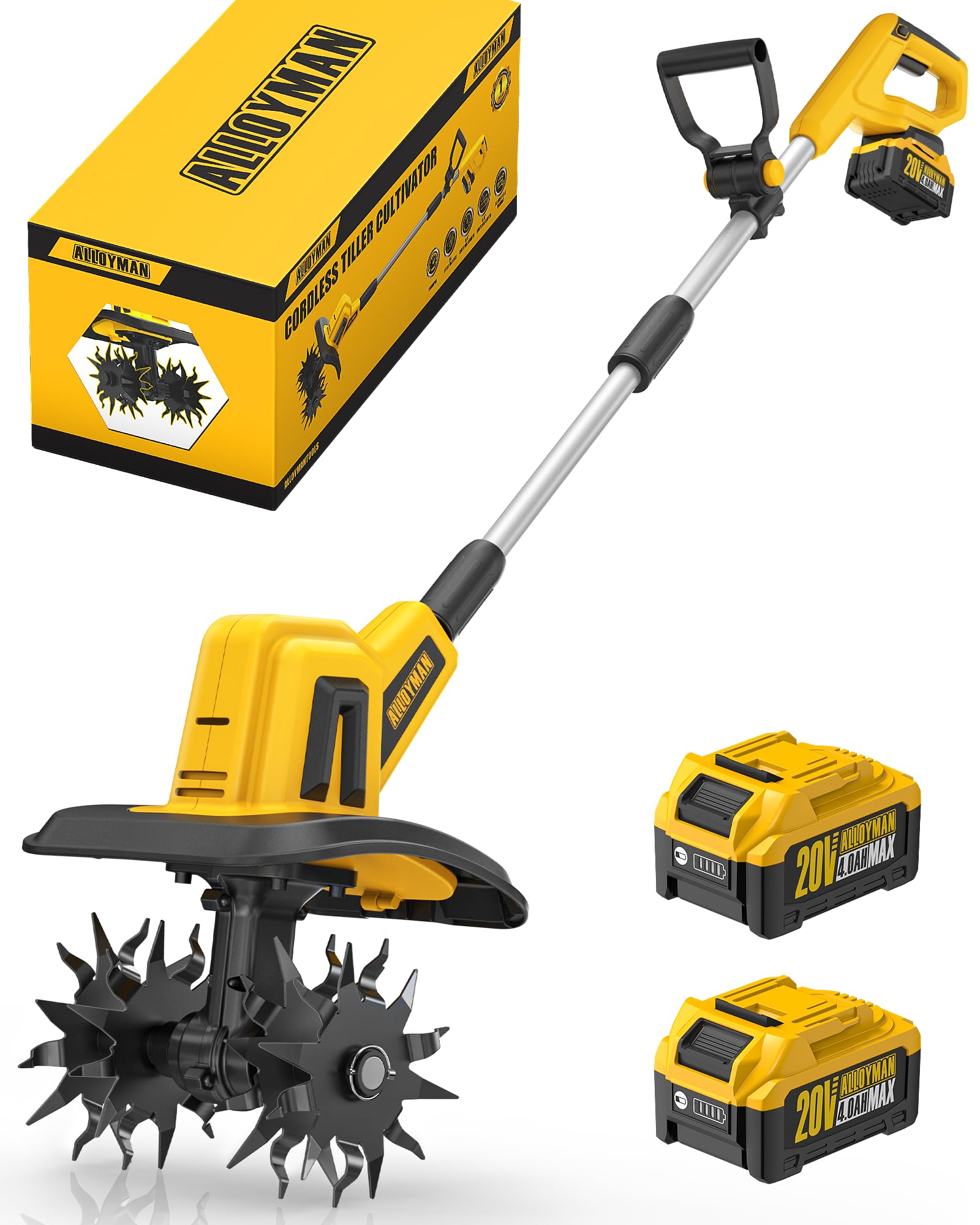 Alloyman 20V Cordless Tiller 360RPM Electric Garden with 2.0Ah Batteries & 2 Cha
