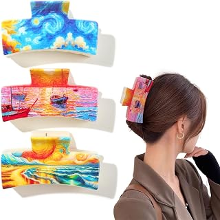 Hair Claw for Women - 3 x Van Gogh Oil Painting Design Big Square Claw Clips for Thick and Thin Hairstyle, Anti Slip Cute and Durable Chin Clamp Hair Accessories for Women Strong Hold,No Damage