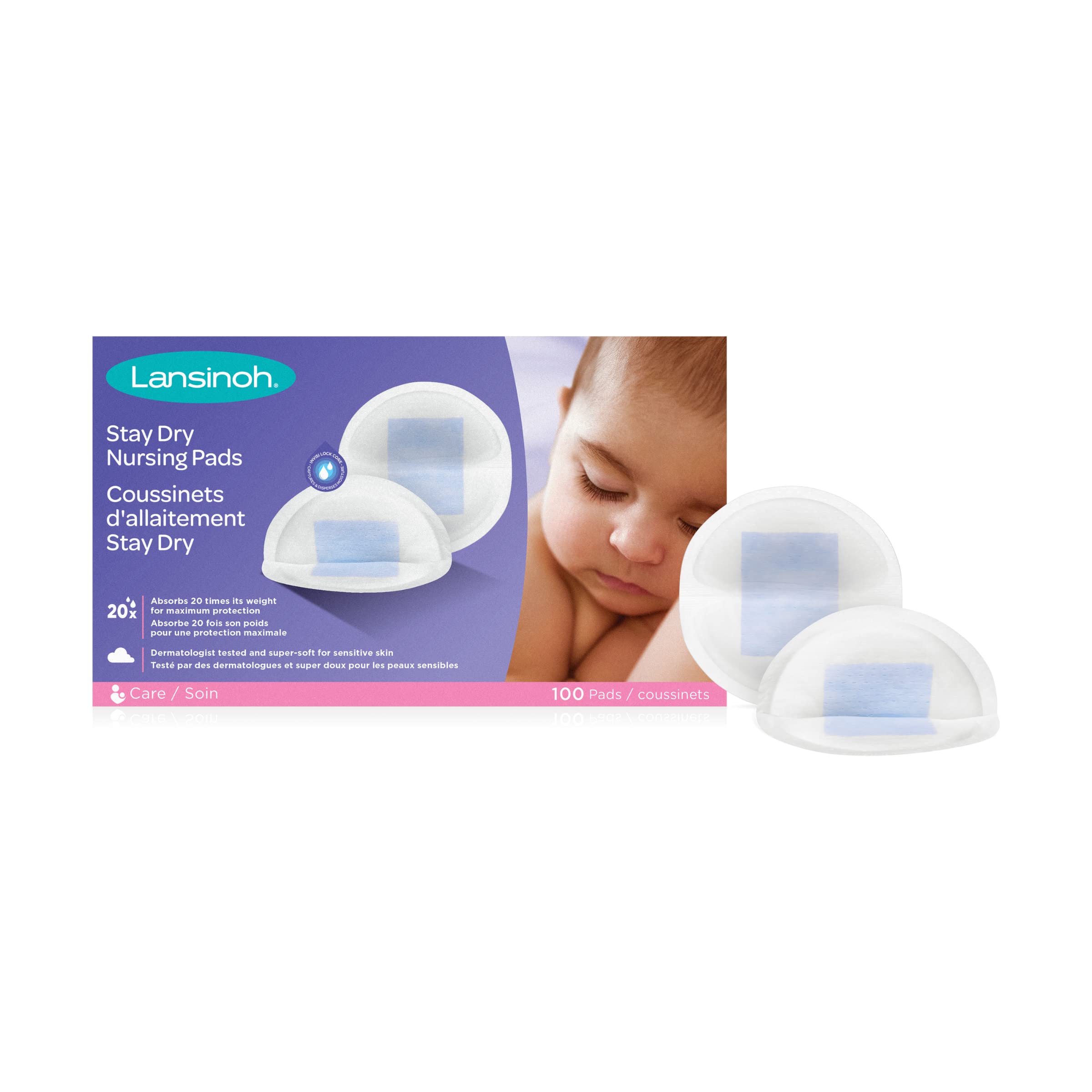Lansinoh Stay Dry Disposable Nursing Pads, 100 Count | Soft, Super Absorbent, Br