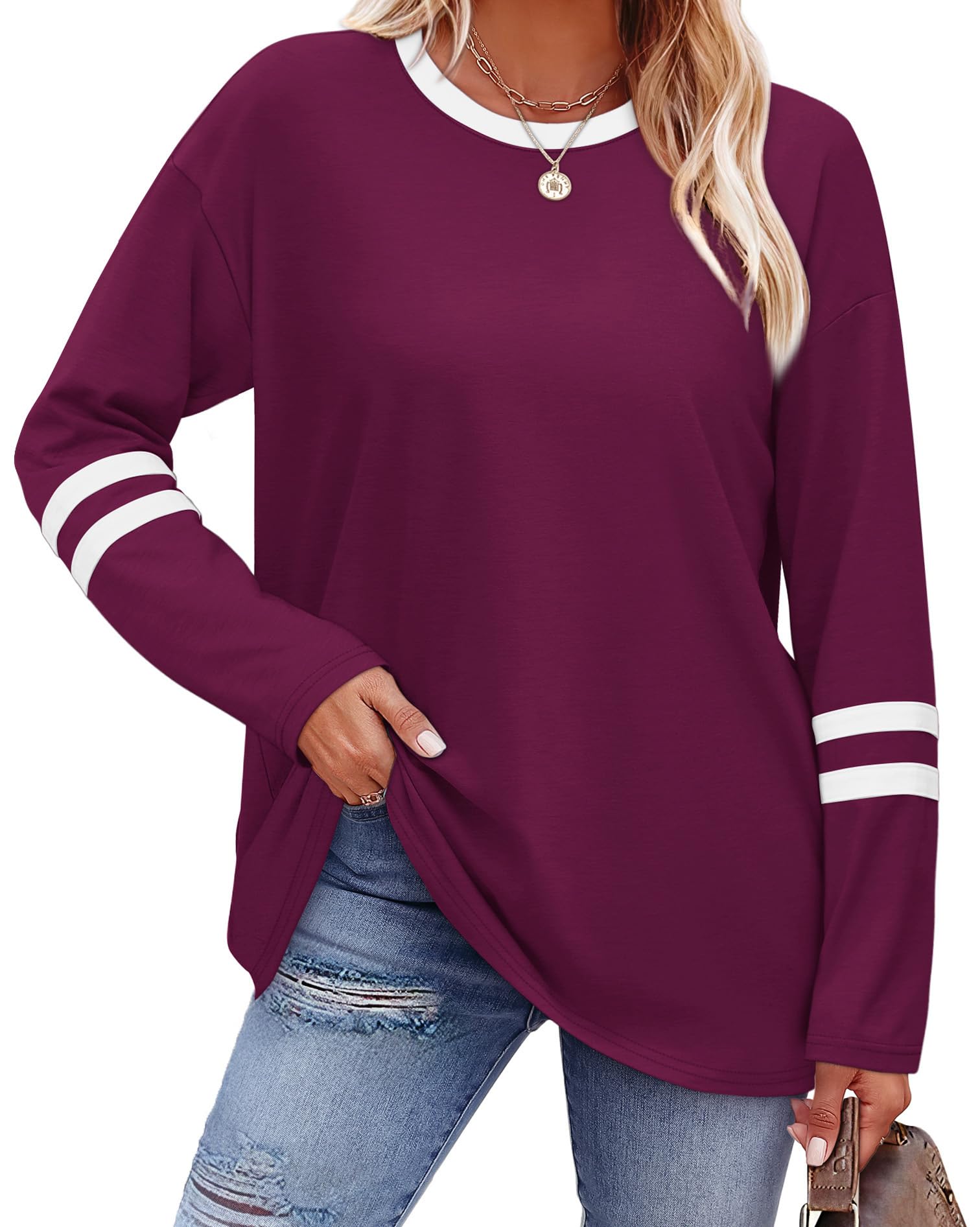 Sampeel Long Sleeve Shirts for Women Color Block Casual Tops Fall Outfits 2026 B