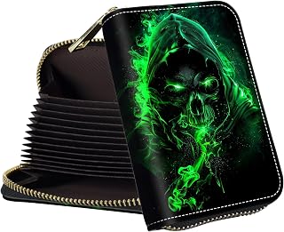 Small Wallet for Women Credit Card Holder,RFID Leather Business Card Case Wallet with Zipper Design for Women Men Gifts-Green Skull