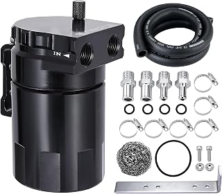 EVIL ENERGY Oil Catch Can Kit, 300ml Universal 2-Port Baffled Catch Can | Aluminum Air Oil Separator with 5FT 3/8" ID NBR Fuel Hose 2 Fittings Size, Black