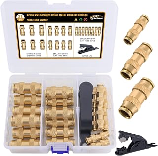 CheeMuii 23PCS Brass DOT Air Line Fittings Kit Push Lock DOT Straight Union | Pure Brass DOT Air Hose Fitting 1/4" 3/8" 1/2" DOT Quick Connect Straight Unions for Semi Truck Trailer Air Brake System