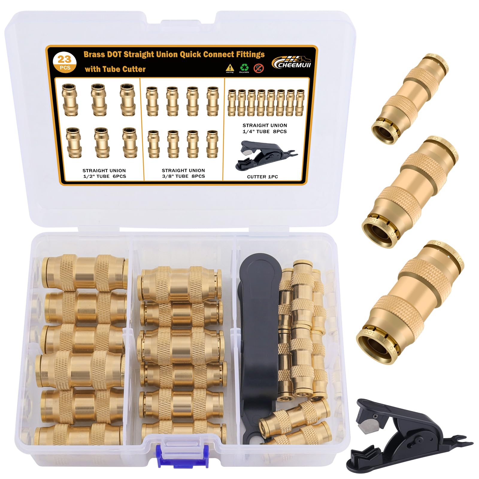 CheeMuii 23PCS Brass DOT Air Line Fittings Kit Push Lock DOT Straight Union | Pu