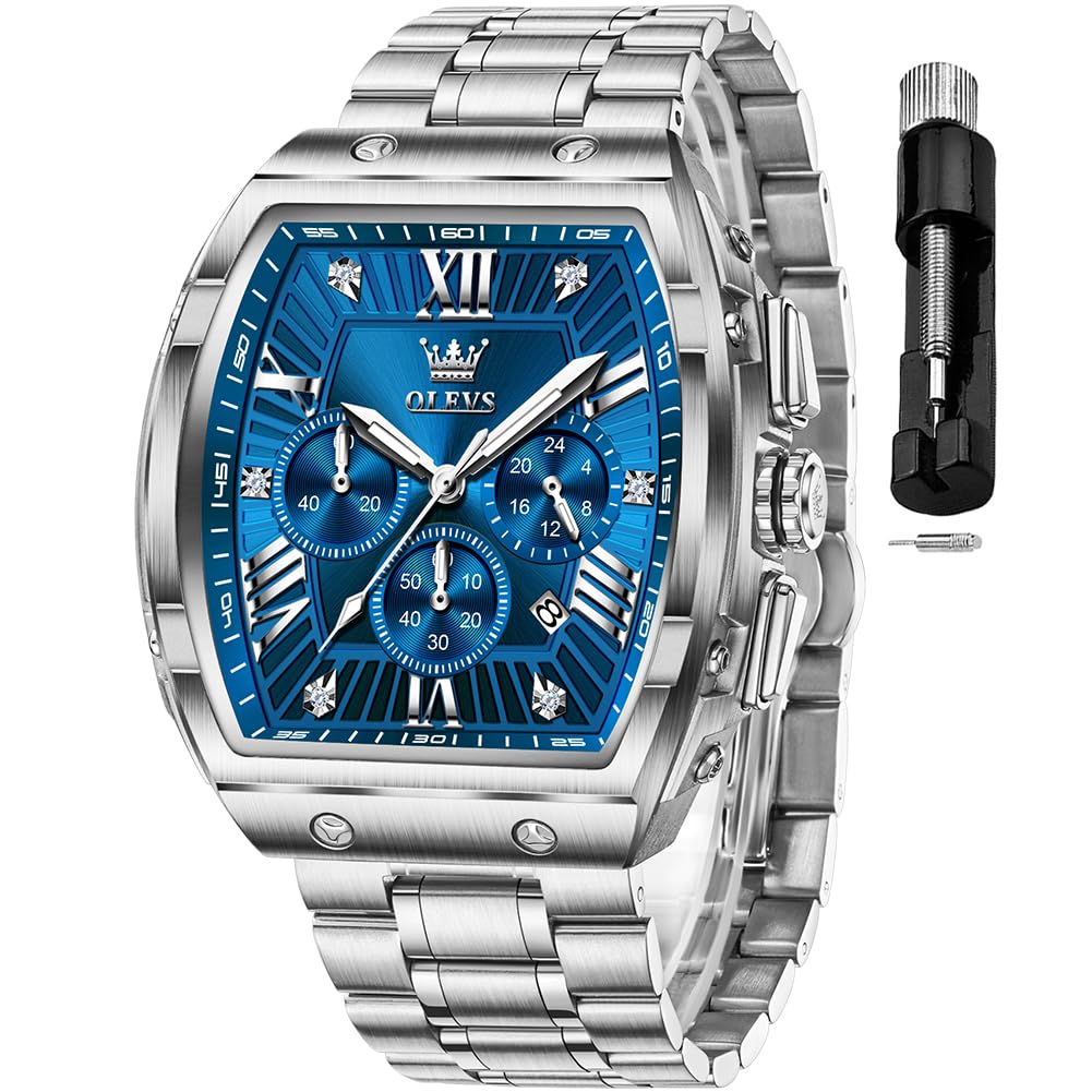 OLEVS Men's Analogue Quartz Watch Chronograph Square Stainless Steel or Leather 
