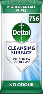Dettol Cleansing Surface Biodegradable Wipes, No Odour (6 x 126) 756 | Multipurpose use, 0% Harsh residue, Non-bleach antibacterial formula, Fragrance free, Resealable pack, Kills 99.9% of germs