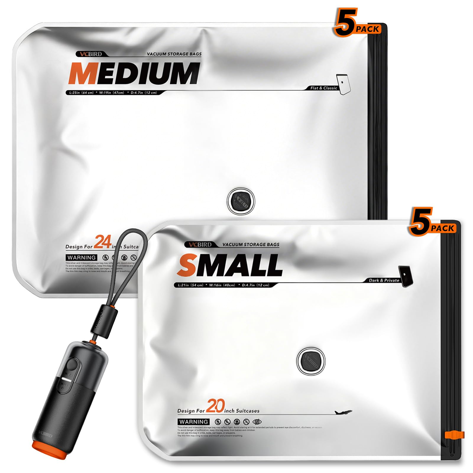 Vacbird Pack of 10 Vacuum Bags with USB Rechargeable Vacuum Pump, 5 x 40 x 54 cm