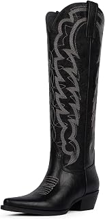 Modatope Cowboy Boots for Women Knee High Chunky Heel Butterfly Cowgirl Boots Wide Calf Pointed Toe Chunky Heel Fashion Western Boot