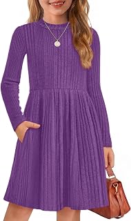 Arshiner Girls Dresses Long Sleeve A Line Knit Sweater Dress with Pockets
