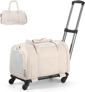 Lasaviin Leather Pet Carrier with Wheels, Airline Approved Travel Bag for Small Dogs & Cats Under 15 lbs, Rolling Pet Carrier for Airplane, Camping & Outdoor White