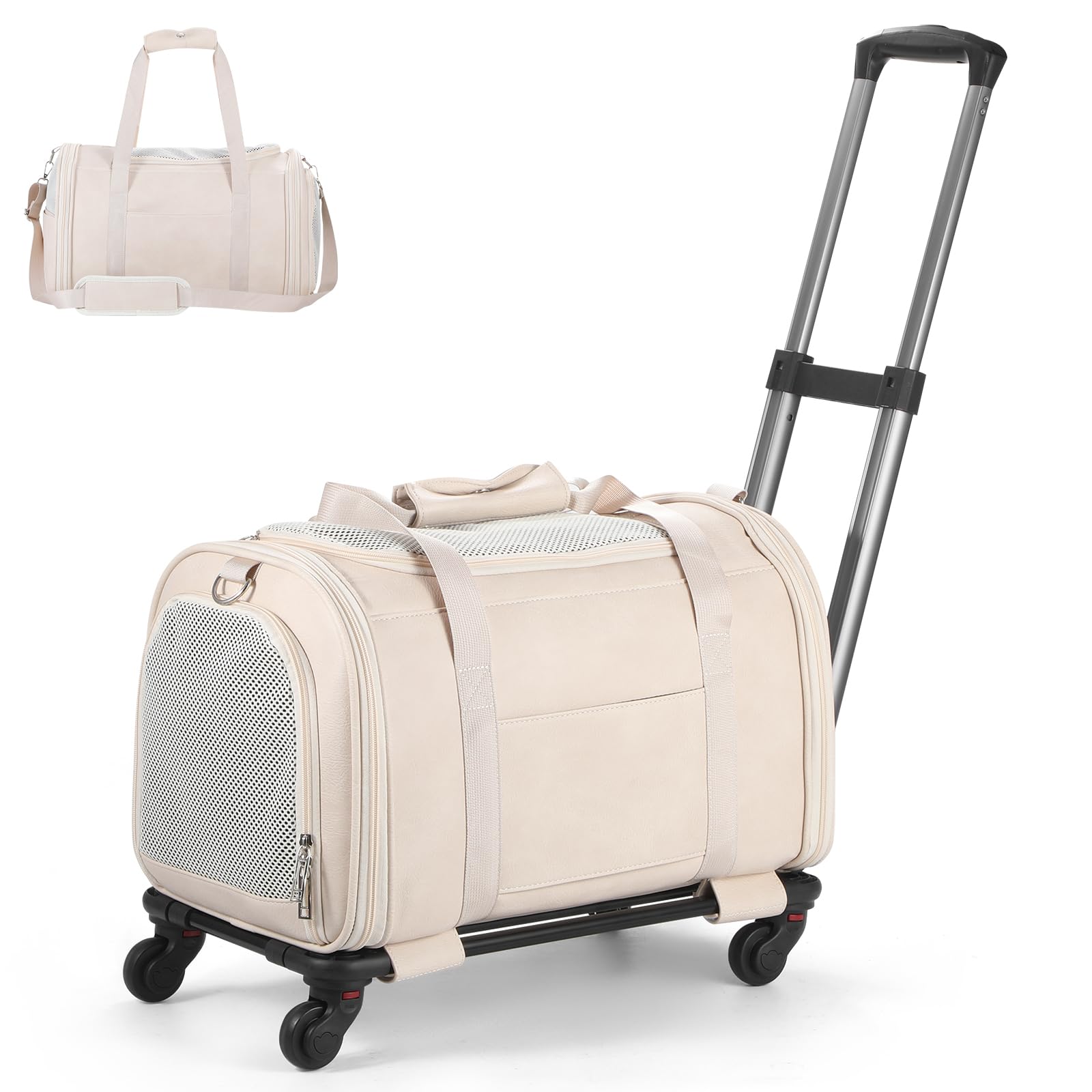 Lasaviin Leather Pet Carrier with Wheels, Airline Approved Travel Bag for Small 