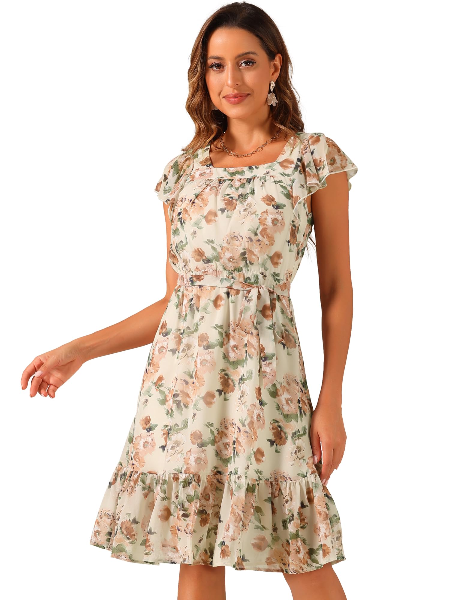 Allegra K Women's Chiffon Ruffle Sleeve Midi Dress