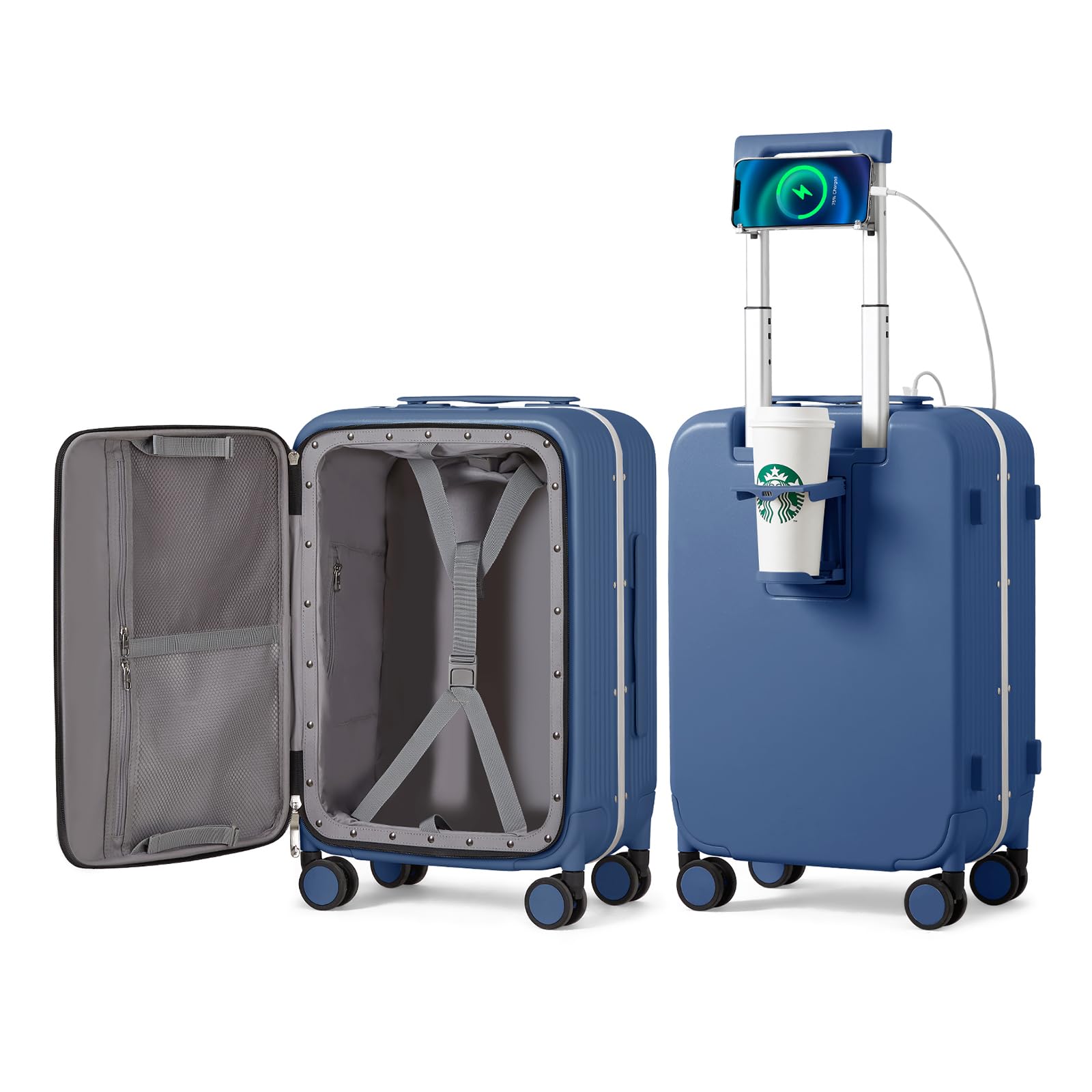 mixi Carry On Luggage with Cup Phone Holder and Charger Hard Shell Suitcases wit