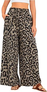 OYOANGLE Women's Leopard Print Elastic High Waist Wide Leg Pants
