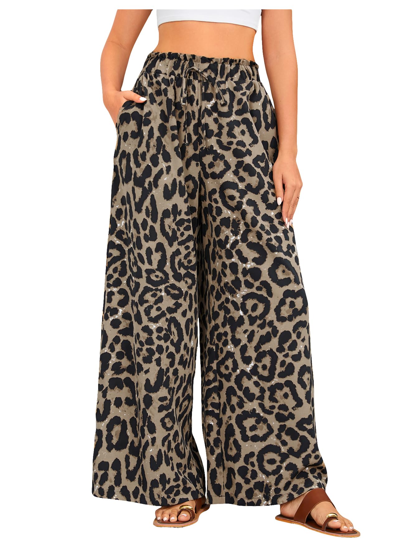 OYOANGLE Women's Leopard Print Elastic High Waist Wide Leg Pants