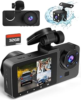 Dash Camera for Cars,4K Dash Cam Front and Rear Inside,3 Channel Car Camera | Dashboard Camera with IR Night Vision,170° Wide Angle,WDR, HDR, 24H Parking& Loop Recording,G-Sensor,32GB Card Included