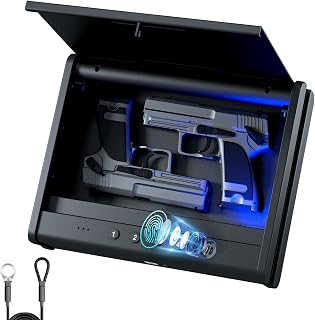 PINEWORLD Biometric Fingerprint Handgun Safe with Raised Backlit Keypad&Key | Interior Light Emergency Power Supply Voice Navigation Mute Mode, With Cable For Home, Nightstand, Car,Travel. Nice Gift