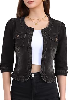 Allegra K Chaqueta vaquera para mujer con bolsillos sin cuello y manga 3/4, Negro -, M
