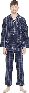 GLOBAL Men's Pajama Set, Cotton Sleepwear Set with Top and Shorts/Bottom, Dark Blue Plaid, L