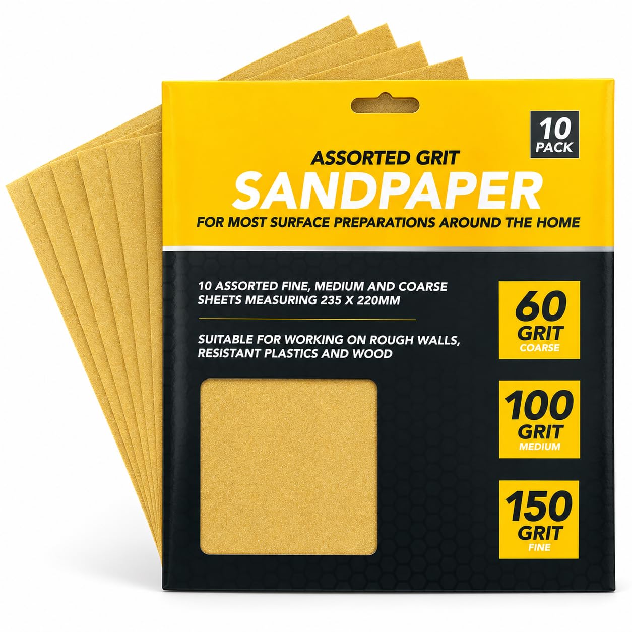 Sand Paper Sheets 10 Pack Mixed - 4x 60 Grits, 3x 100 Grits, 3x 150 Grits Assort