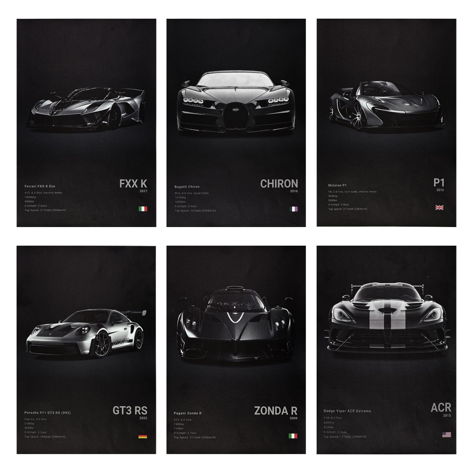 6 PCS Black Supercar Wall Posters Modern Super Sports Car Wall Art Prints | Cool