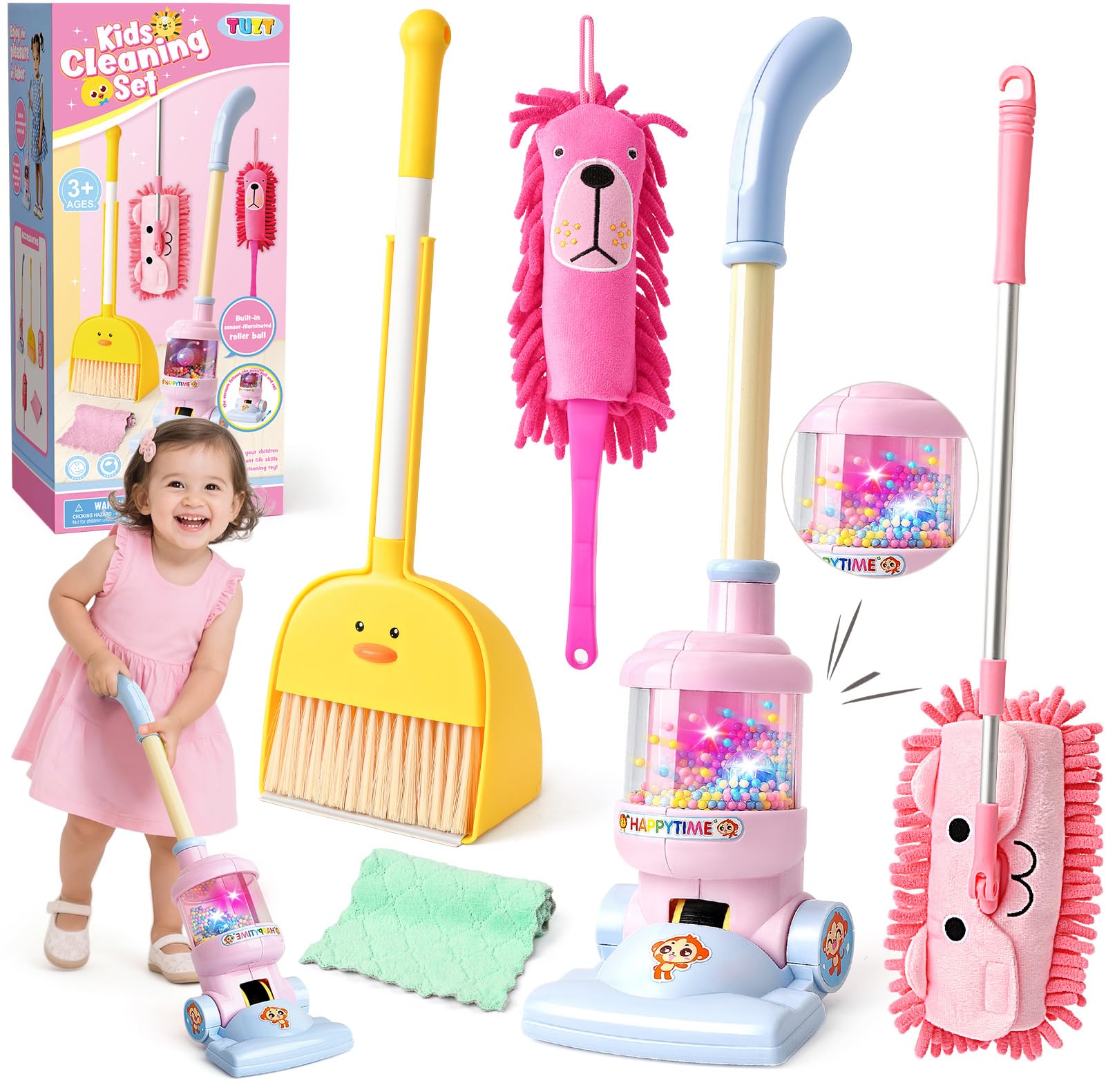 TUZT Kids Cleaning Toys Playset for Ages 2-4, Compact 6-Piece Pretend Vacuum wit