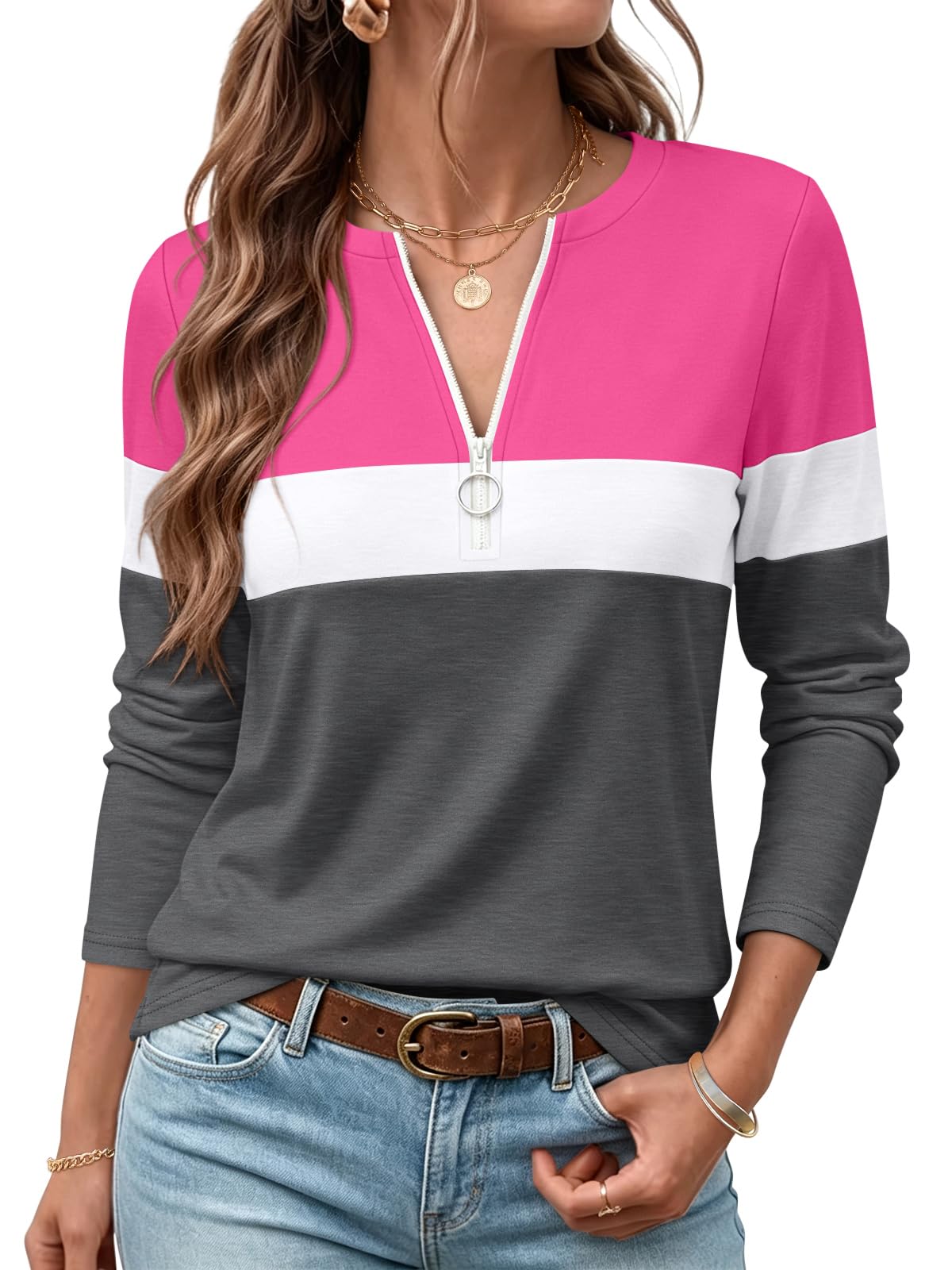 ORANDESIGNE Camicie a maniche lunghe da donna con cerniera a blocchi di colore t