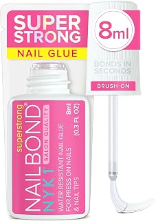NYK1 Super Strong Nail Glue for Press Ons, Nail Tips & False Nails | 8ml | NailBond Brush On Nail Glue Extra Strong for Press Ons, Tips & Acrylics - Long Lasting, Max Strength, Mess-Free Application