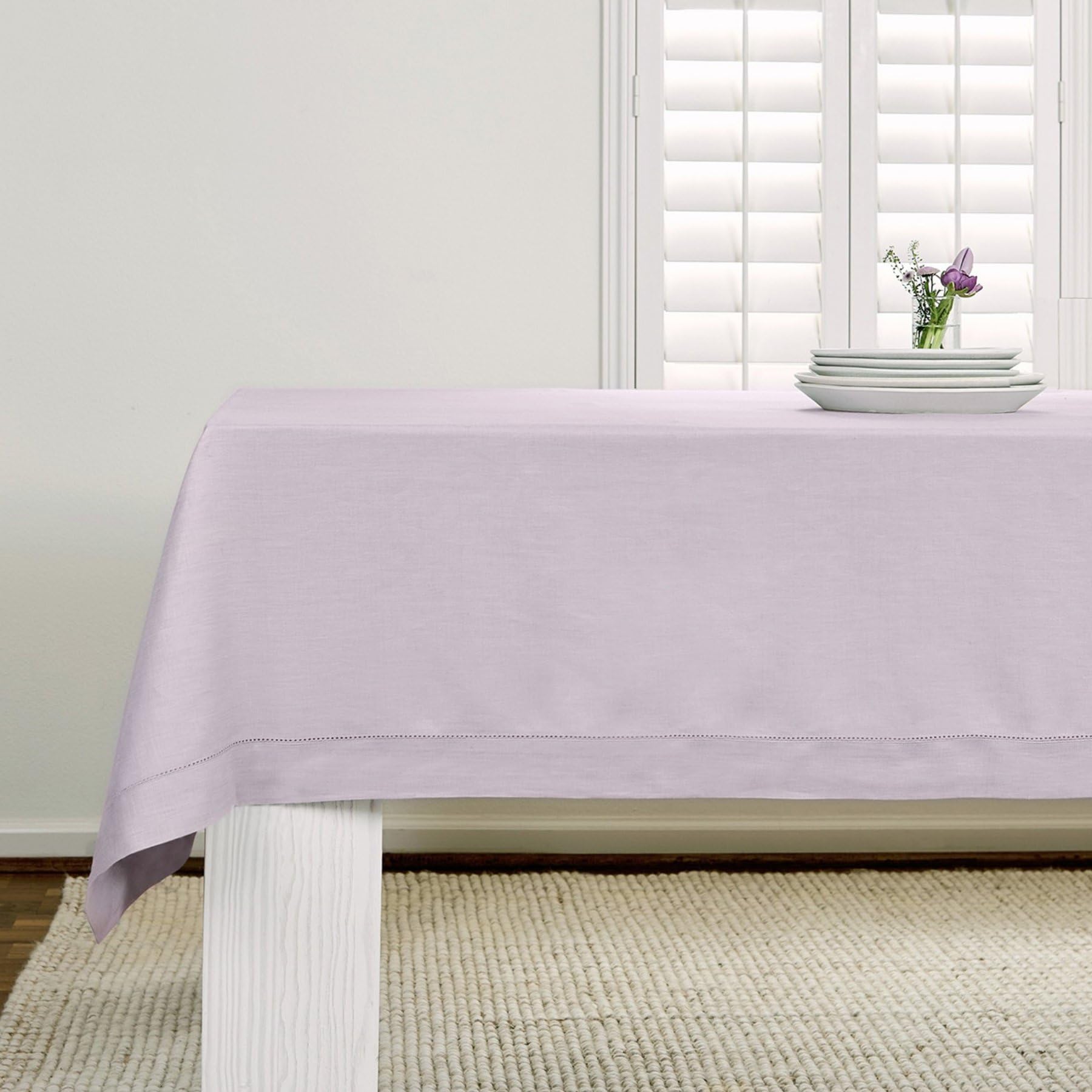 Solino Home 100% Pure Linen Tablecloth Lilac, Classic Hemstitch 60 x 90 in