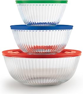 Pyrex Sculpted (3-Pack) Glass Mixing Bowls Set With Plastic Lids | For prepping, baking, & cooking, preheated oven, dishwasher, mircrowave & freezer safe