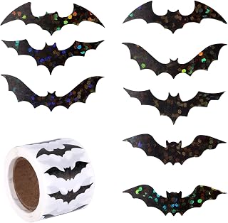 500 Pcs Halloween Bats Stickers Black and Gold Shiny Paper Self Adhesive Halloween Birthday Party Sealing Bags for Gift Wrapping