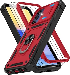 for Samsung Galaxy A15 5G Case with 2PCS Screen Protector, Build in 360° Rotating Ring Kickstand, Military Grade Protective Case for Samsung A15 Phone, Red+Black