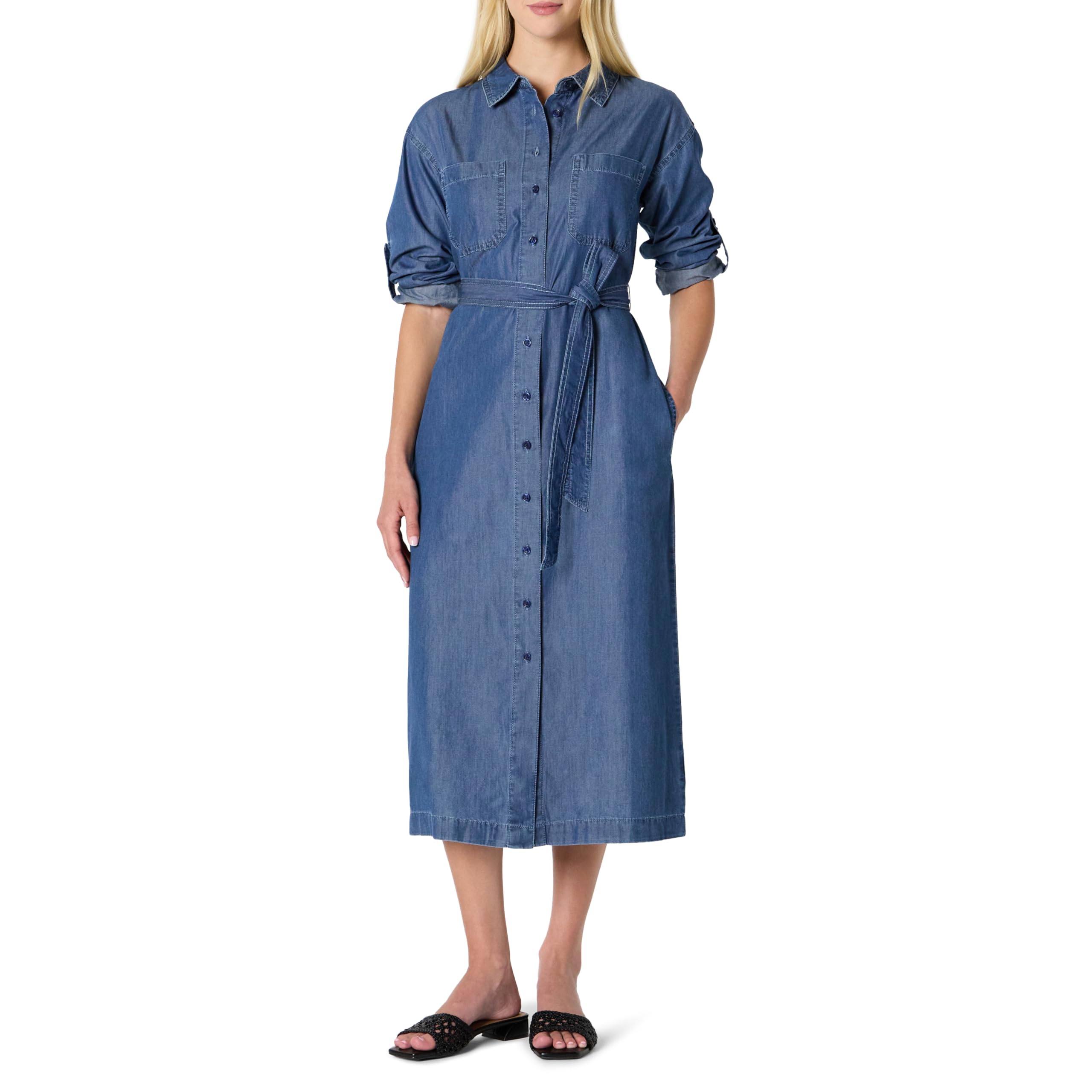 Amazon Essentials Women's Standard Cut Button Down Long Sleeve Denim Cambray Mid
