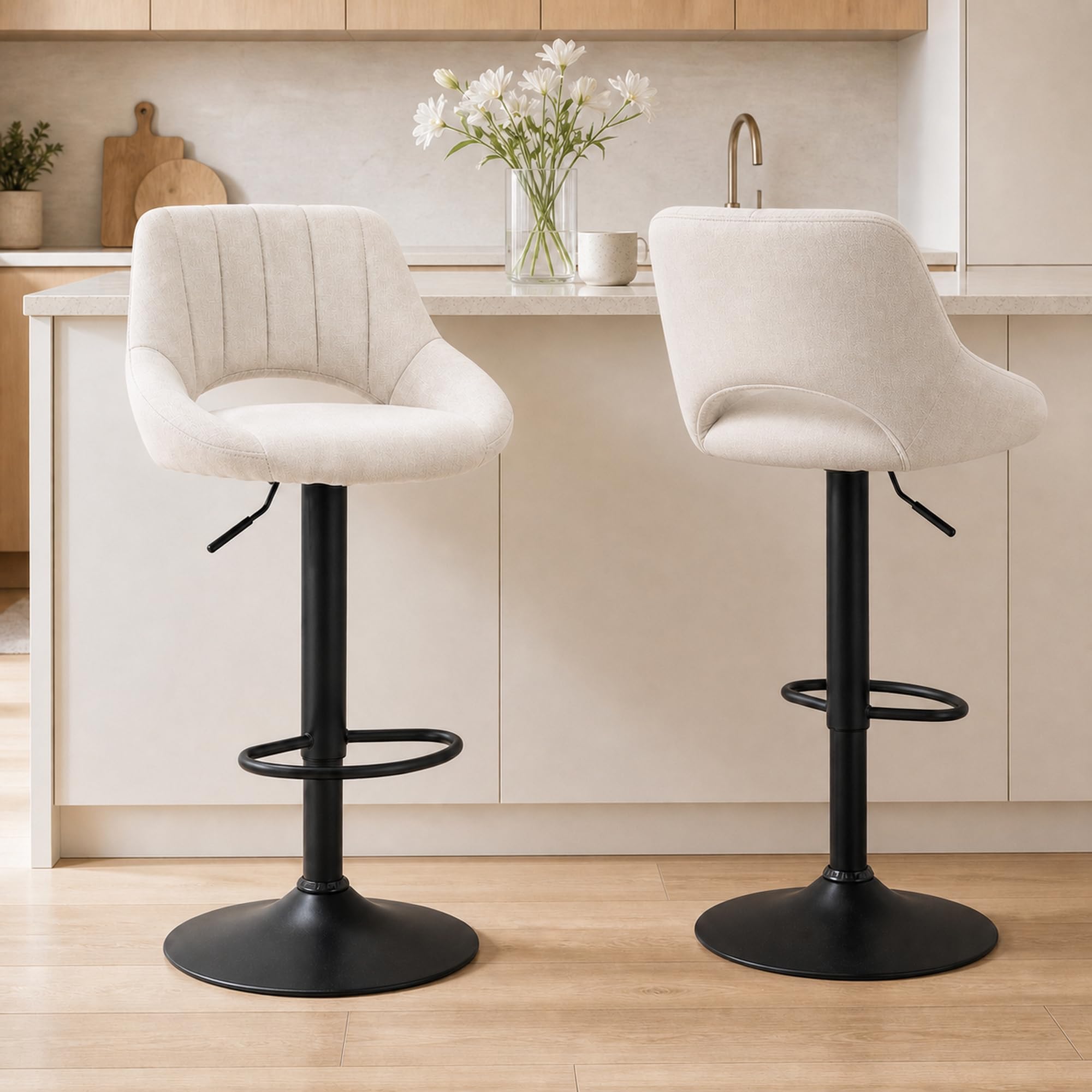 HOMCOM Bar Stools Set of 2 Swivel Adjustable Height Linen Fabric Cream | Counter
