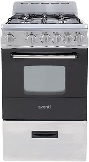 Avanti Compact Gas Range Oven, 4 Sealed Burners, 20-Inch, Stainless Steel | Avanti Compact Gas Range Oven, Freestanding with 4 Sealed Burners, Broiler with Pan, Storage Drawer, 20-Inch, Stainless Steel