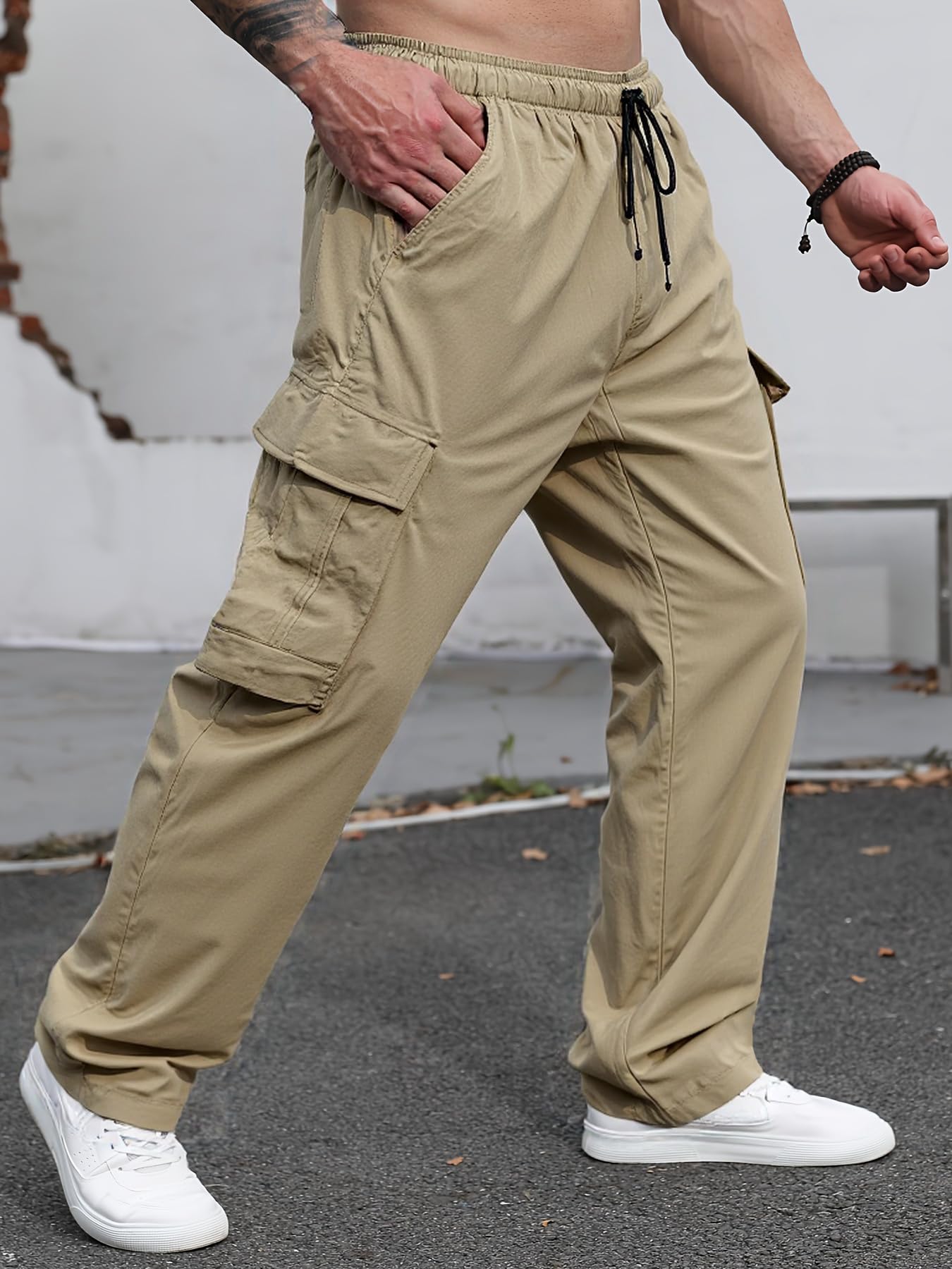 Men Casual Pants Drawstring Workout Cargo Pants Hiking Outdoor Trousers