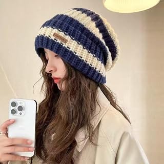 Winter Striped Beanie Hat for Women Knitted Retro Thickened Warm Wide Cap Fashionable Windproof Ear Protect Bonnet