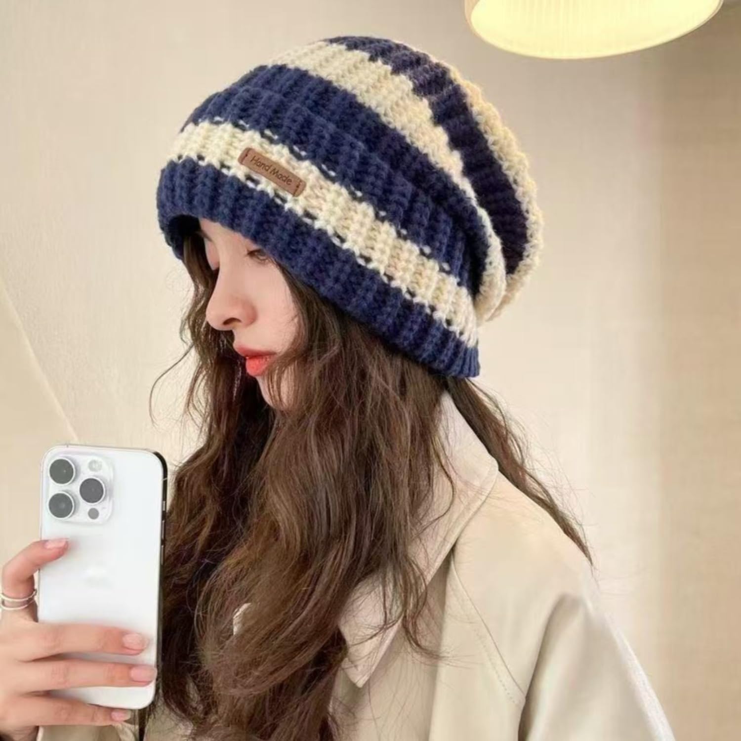 Winter Striped Beanie Hat for Women Knitted Retro Thickened Warm Wide Cap Fashio