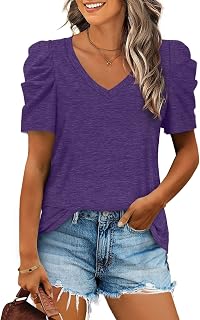 XIEERDUO Womens Summer Shirt V Neck Casual Tshirts Puff Sleeve Tops for Women Solid Color XS-3XL