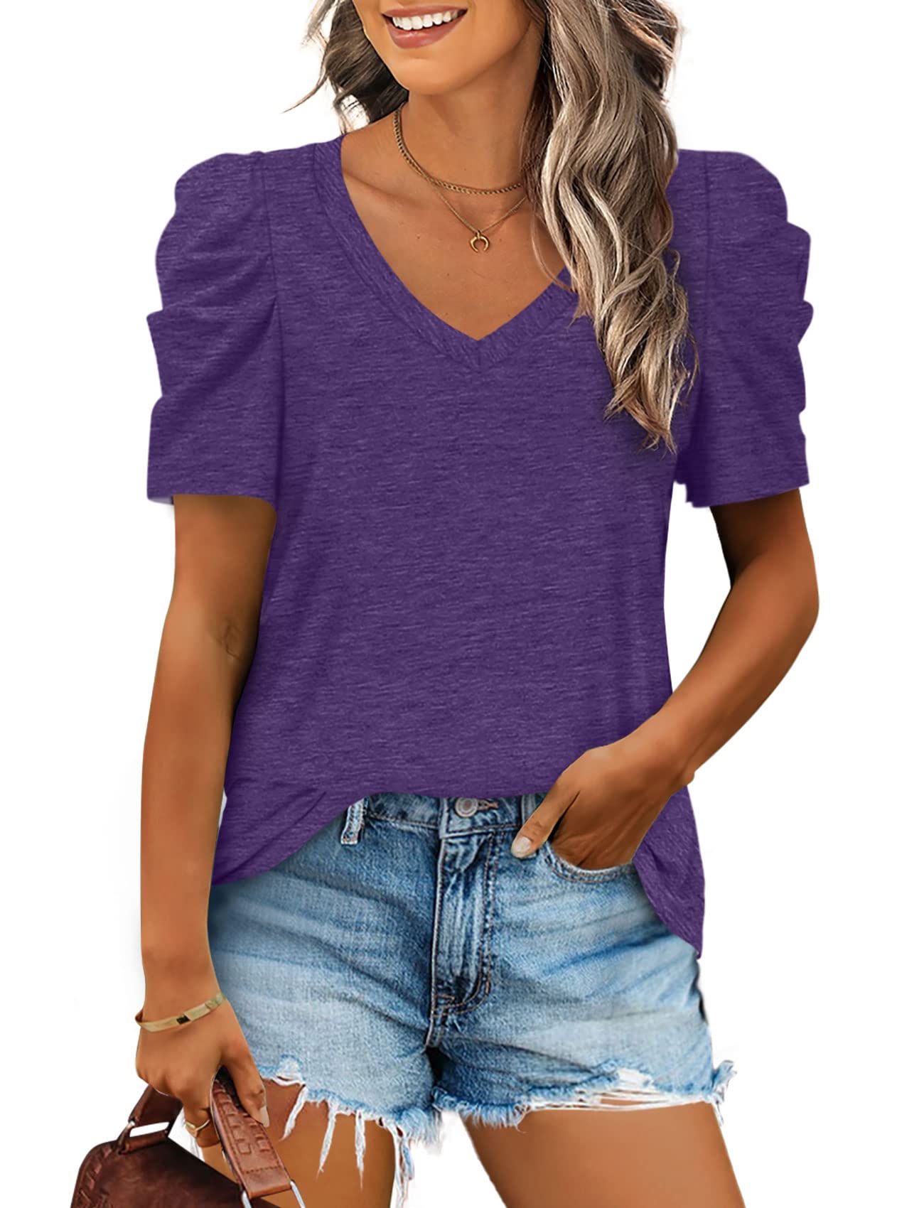 XIEERDUO Womens Summer Shirt V Neck Casual Tshirts Puff Sleeve Tops for Women So