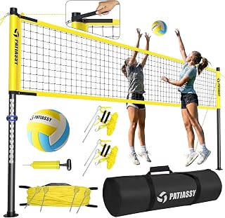 Outdoor Portable Volleyball Net Set System for Backyard - Quick and Easy Setup Height Adjustable Steel Poles, PU Volleyball, Pump and Carry Bag (Yellow)