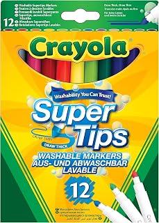 CRAYOLA SuperTips Washable Felt Tip Pens, 12 Assorted Colours, Fine & Broad Line Colouring Markers for Kids, School Supplies, Arts & Crafts, Back to School Stationery
