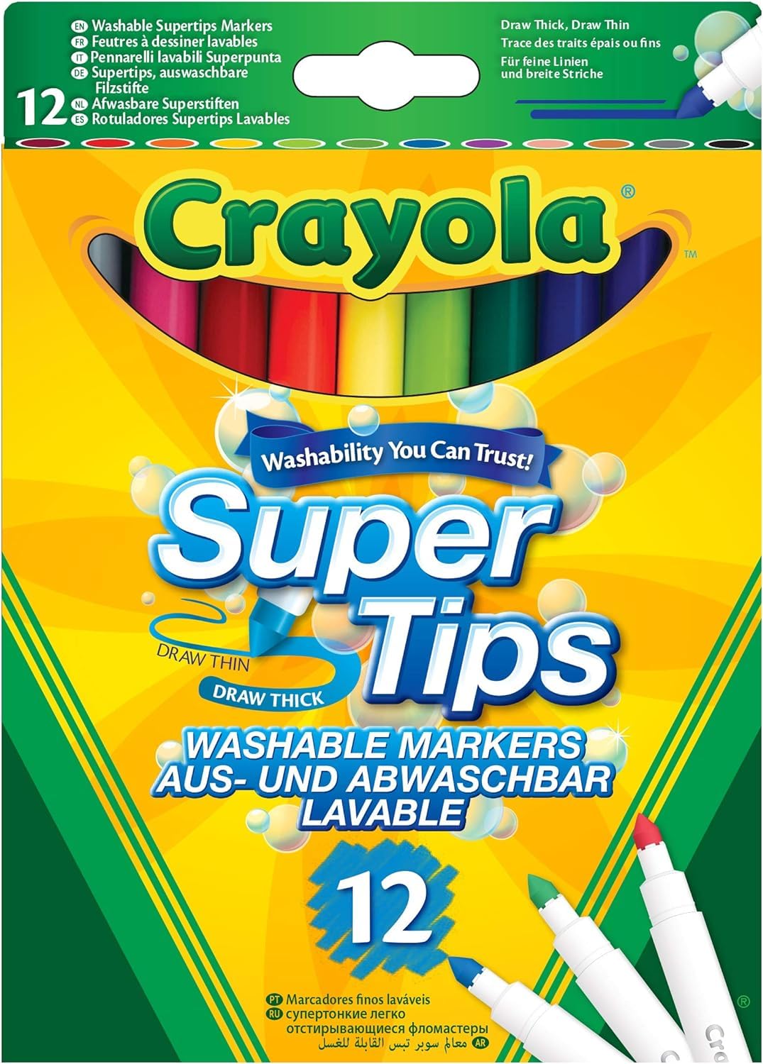 CRAYOLA SuperTips Washable Felt Tip Pens, 12 Assorted Colours, Fine & Broad Line