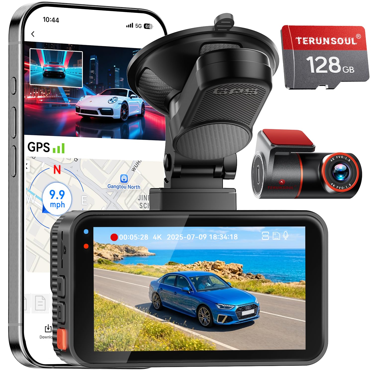 Terunsoul 4K+4K Dash Cam, Free 128GB Card, 5.8GHz WiFi6 - up to 20MB/s | AProX H
